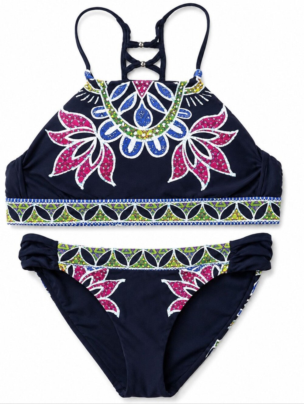 Trina Turk 2 Piece Bikini Set Floral High Neck Halter Navy Women's Swimwear
